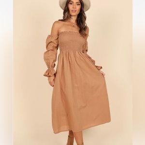 DOMENICA SHIRRED LONG SLEEVE MIDI DRESS - TAN